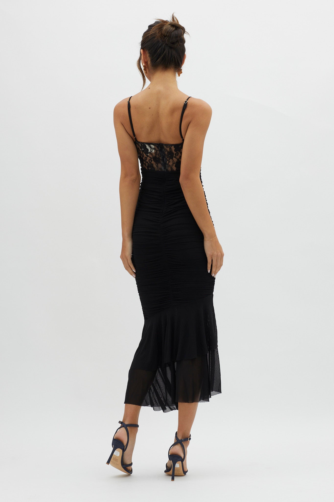 Cherubim Lace Insert Ruched Midi Dress Black