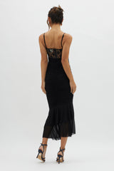 Cherubim Lace Insert Ruched Midi Dress Black