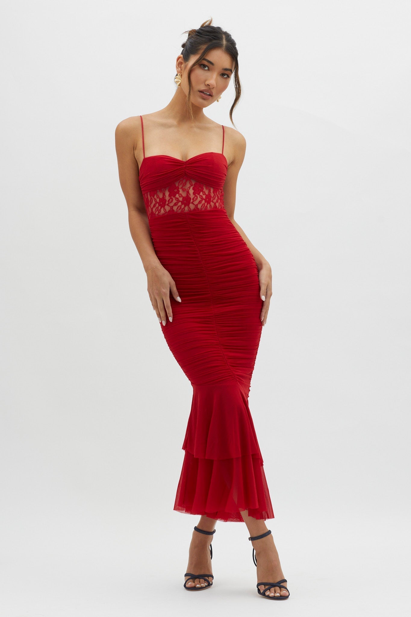 Cherubim Lace Insert Ruched Midi Dress Red