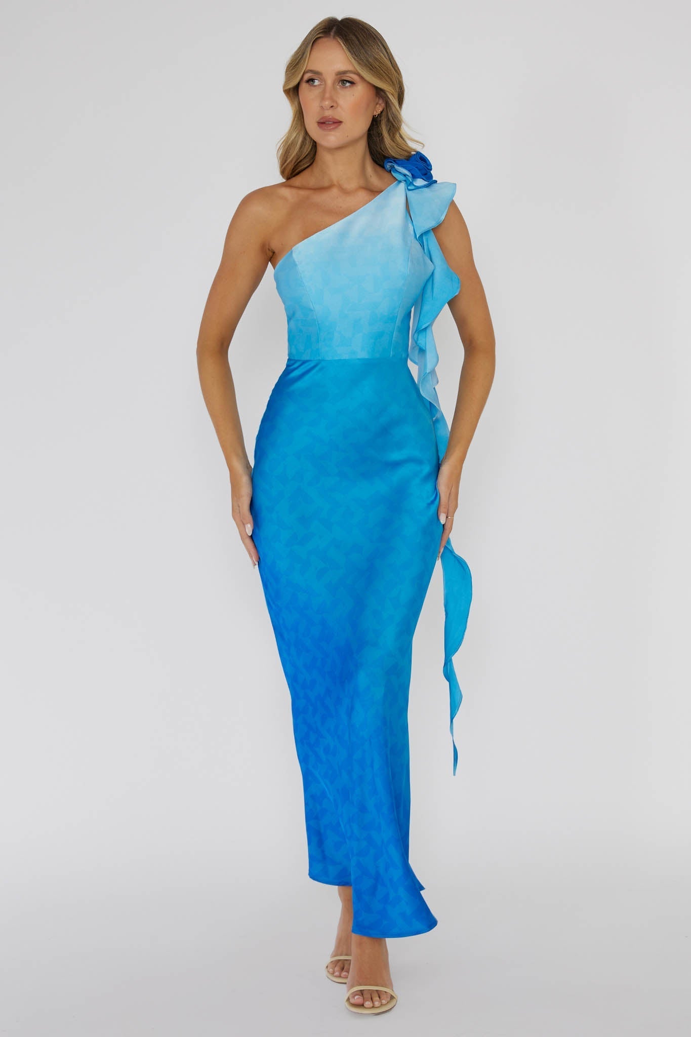 Mariyan One Shoulder Rose Maxi Dress Blue