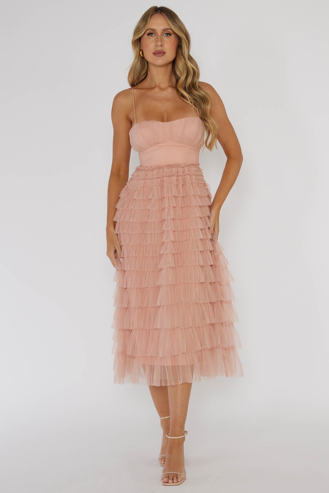 Garden Party Tiered Frill Midi Dress Blush