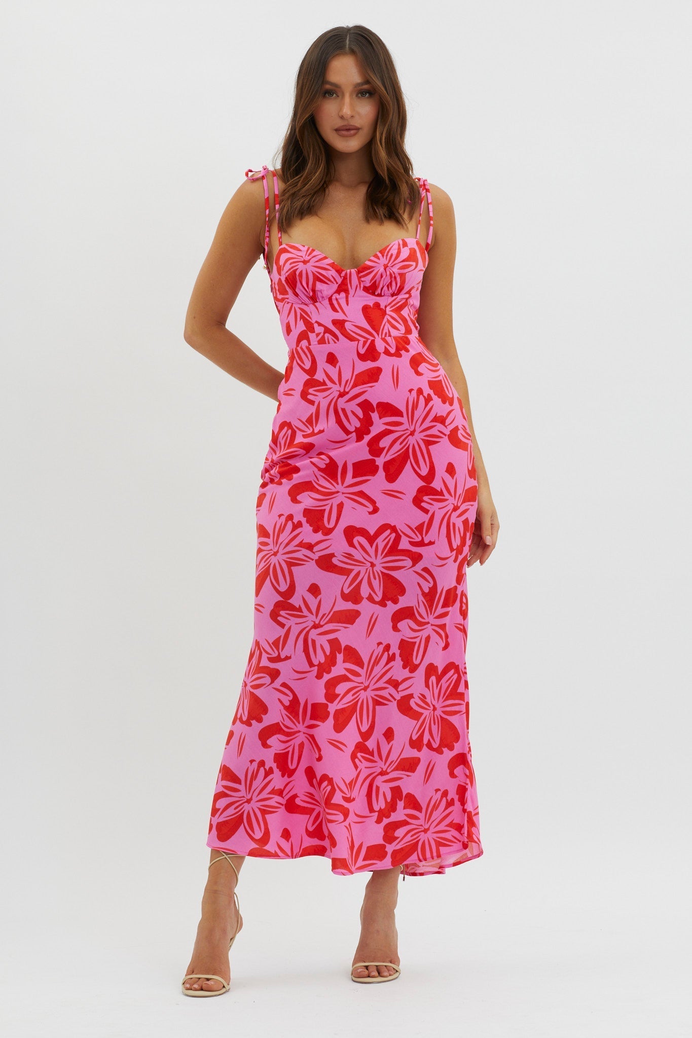 Luau Tied Shoulder Print Dress Pink