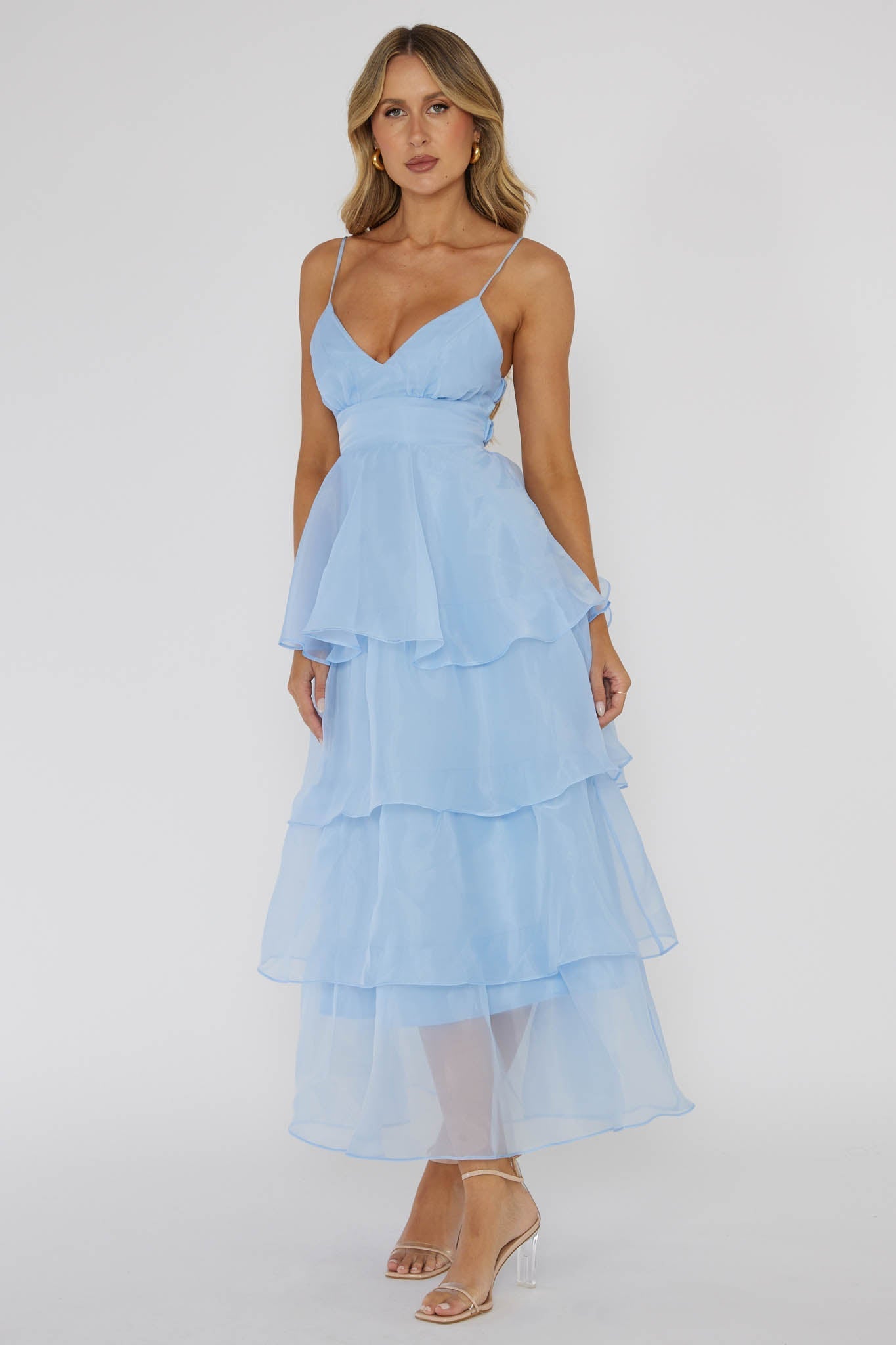 Made For You Tiered Ruffle Midi Dress Blue