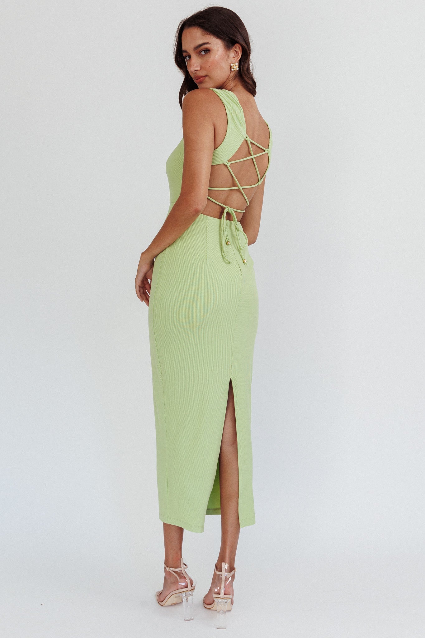 Jennine Lace-Up Back Midi Dress Matcha