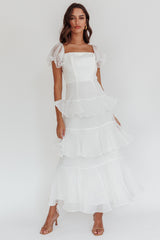 Delwynn Puff Sleeve Layered Midi Dress White