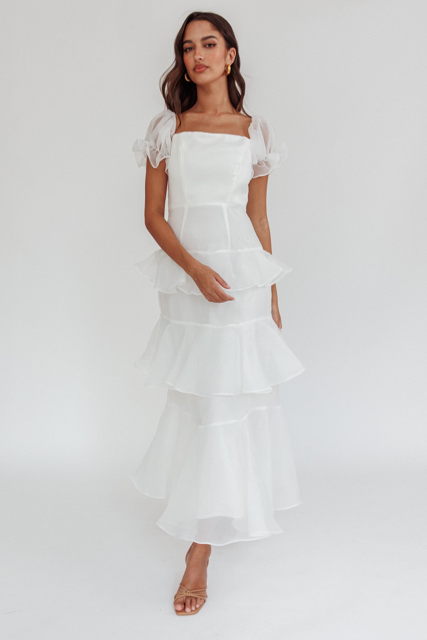 Delwynn Puff Sleeve Layered Midi Dress White