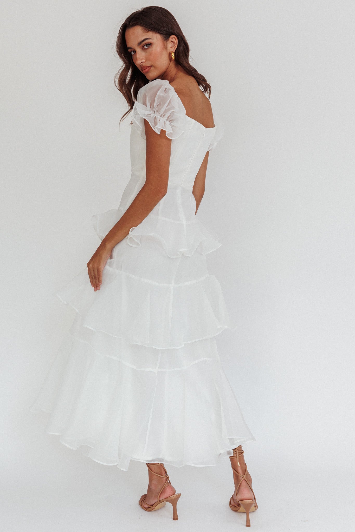 Delwynn Puff Sleeve Layered Midi Dress White