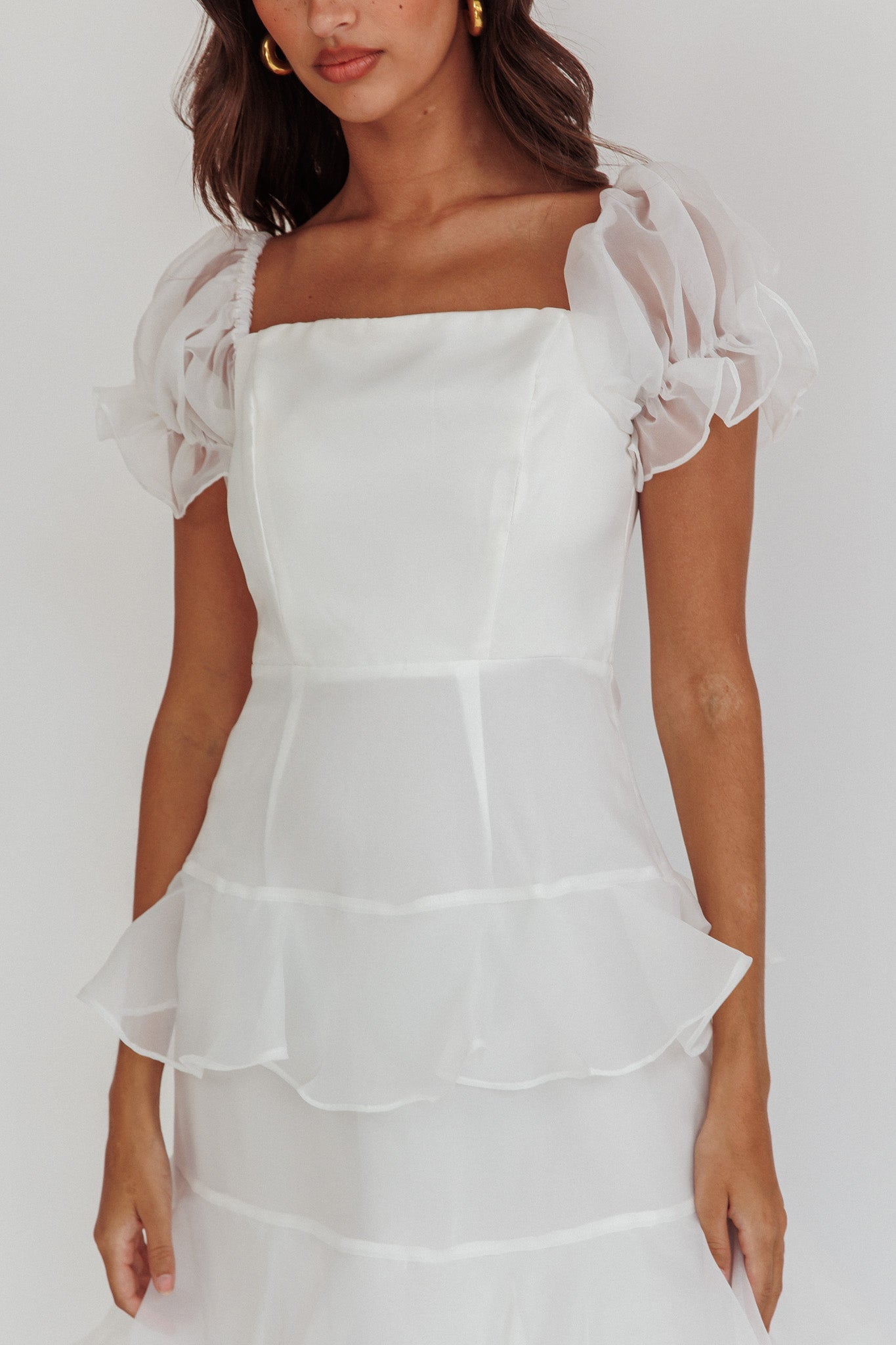 Delwynn Puff Sleeve Layered Midi Dress White