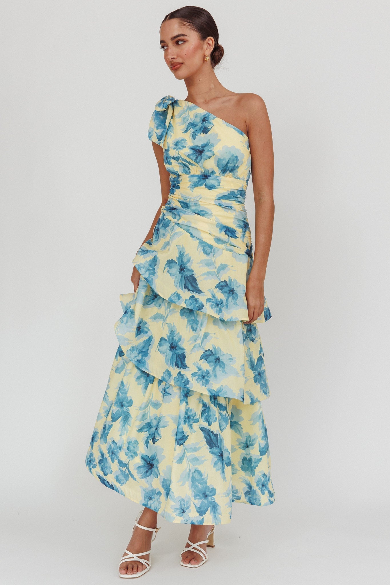 Kenny One Shoulder Tiered Floral Maxi Dress Yellow