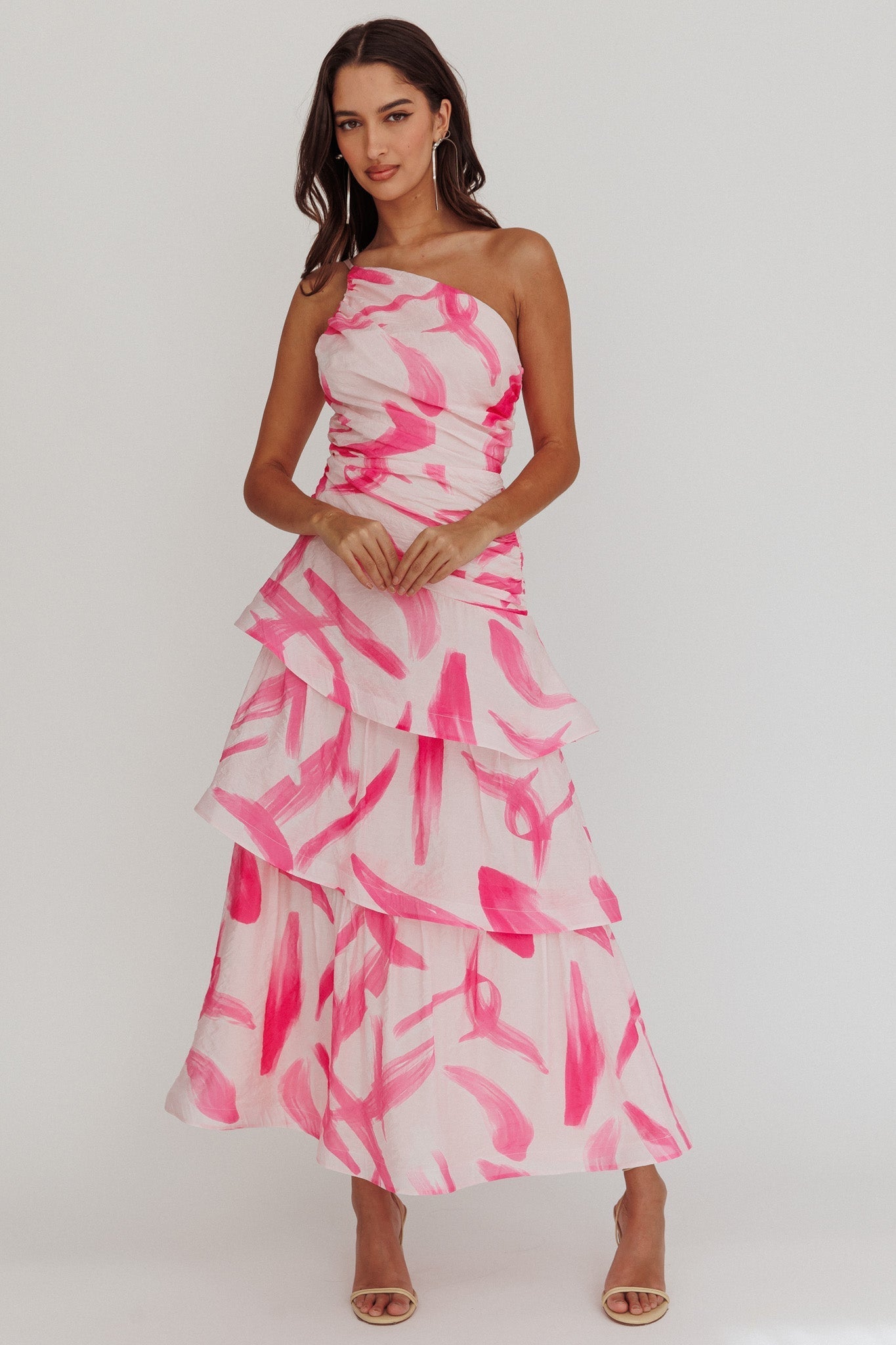 Kenny One Shoulder Tiered Maxi Dress Print Pink