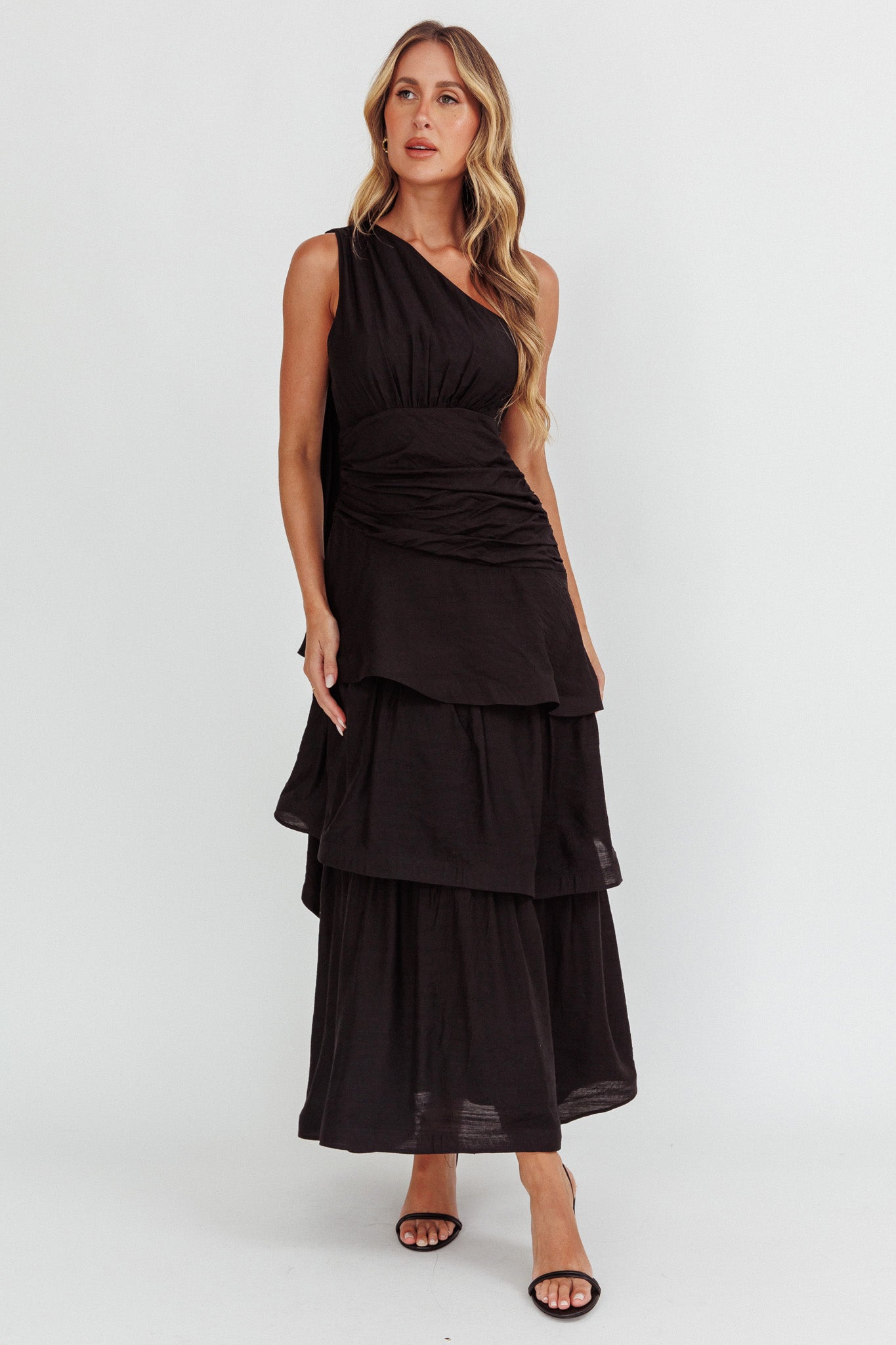 Kenny One Shoulder Tiered Maxi Dress Solid Black