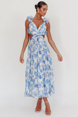 Madara Lace-Up Back Maxi Dress Floral Blue