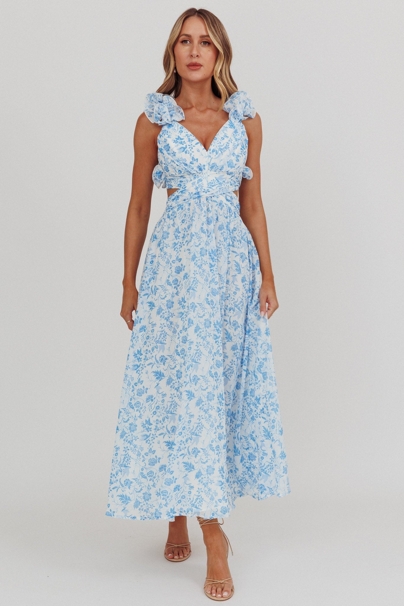Madara Lace-Up Back Maxi Dress Flowers Blue