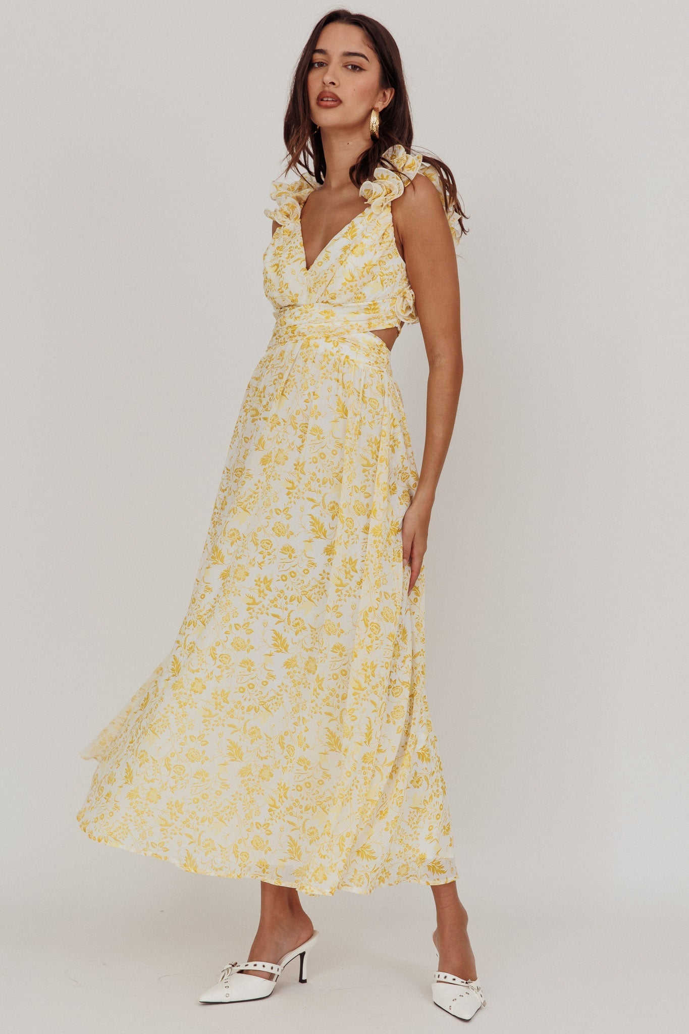 Madara Lace-Up Back Maxi Dress Floral Yellow