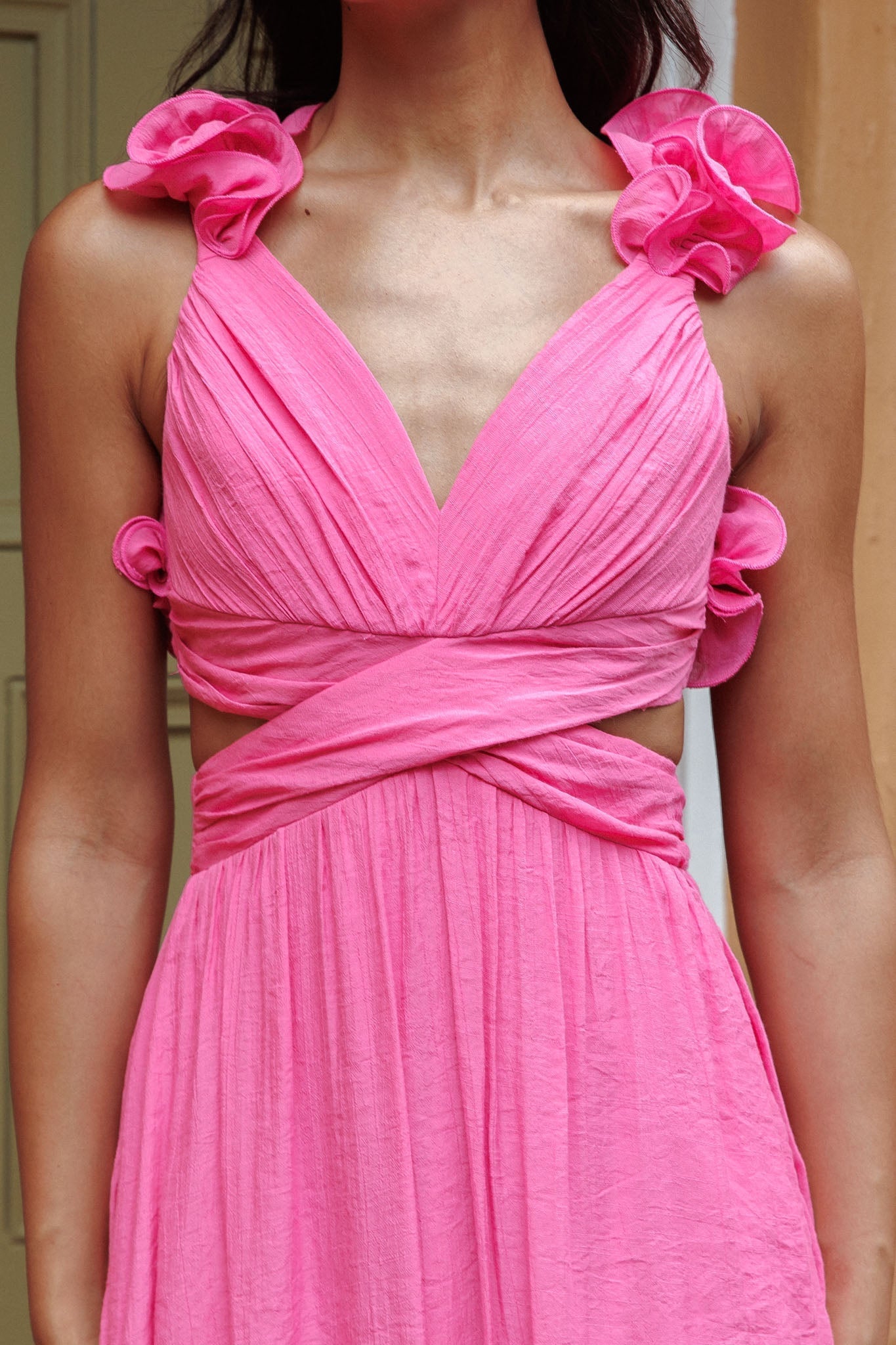 Madara Laced Back Ruffle Dress Hot Pink