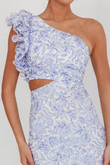 Deanna One-Shoulder Ruffle Midi Dress Floral Blue