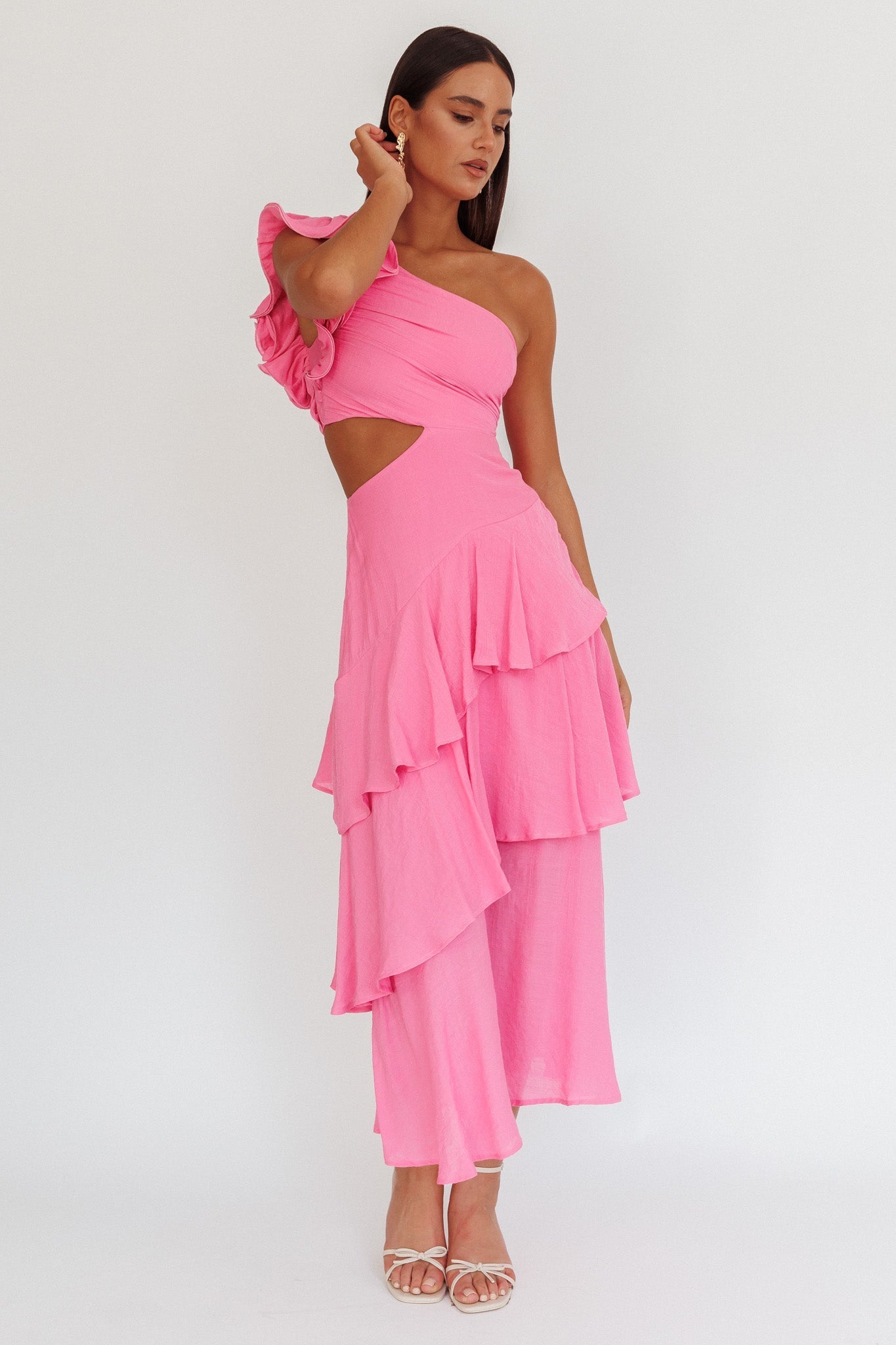 Deanna One-Shoulder Tiered Maxi Dress Pink