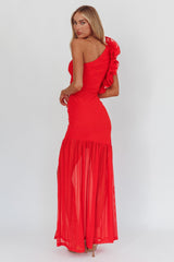 Deanna One-Shoulder Sheer Hem Maxi Dress Red