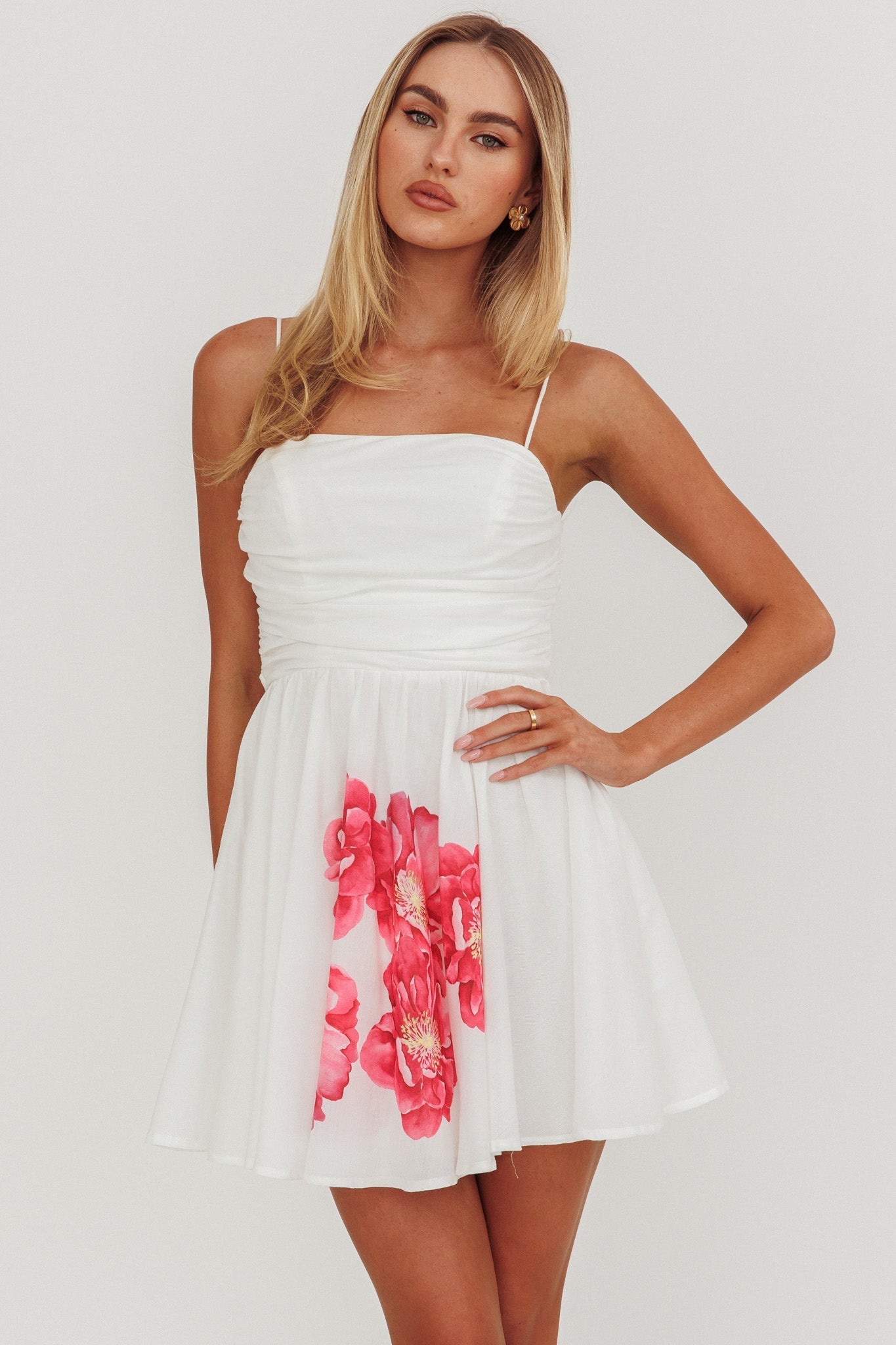 Festivity Flared Bow Floral Mini Dress White