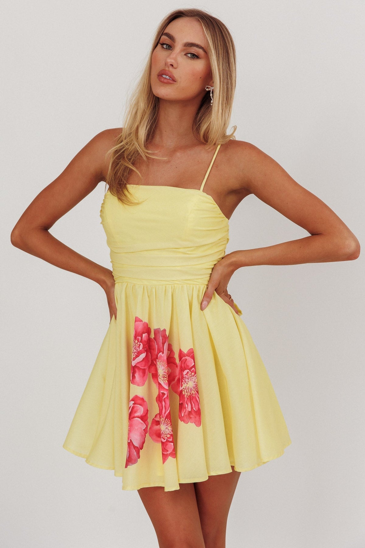 Festivity Flared Bow Floral Mini Dress Yellow