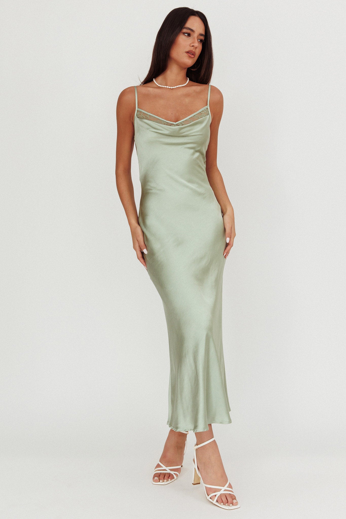 Gentle Touch Cowl Neck Satin Maxi Dress Sage