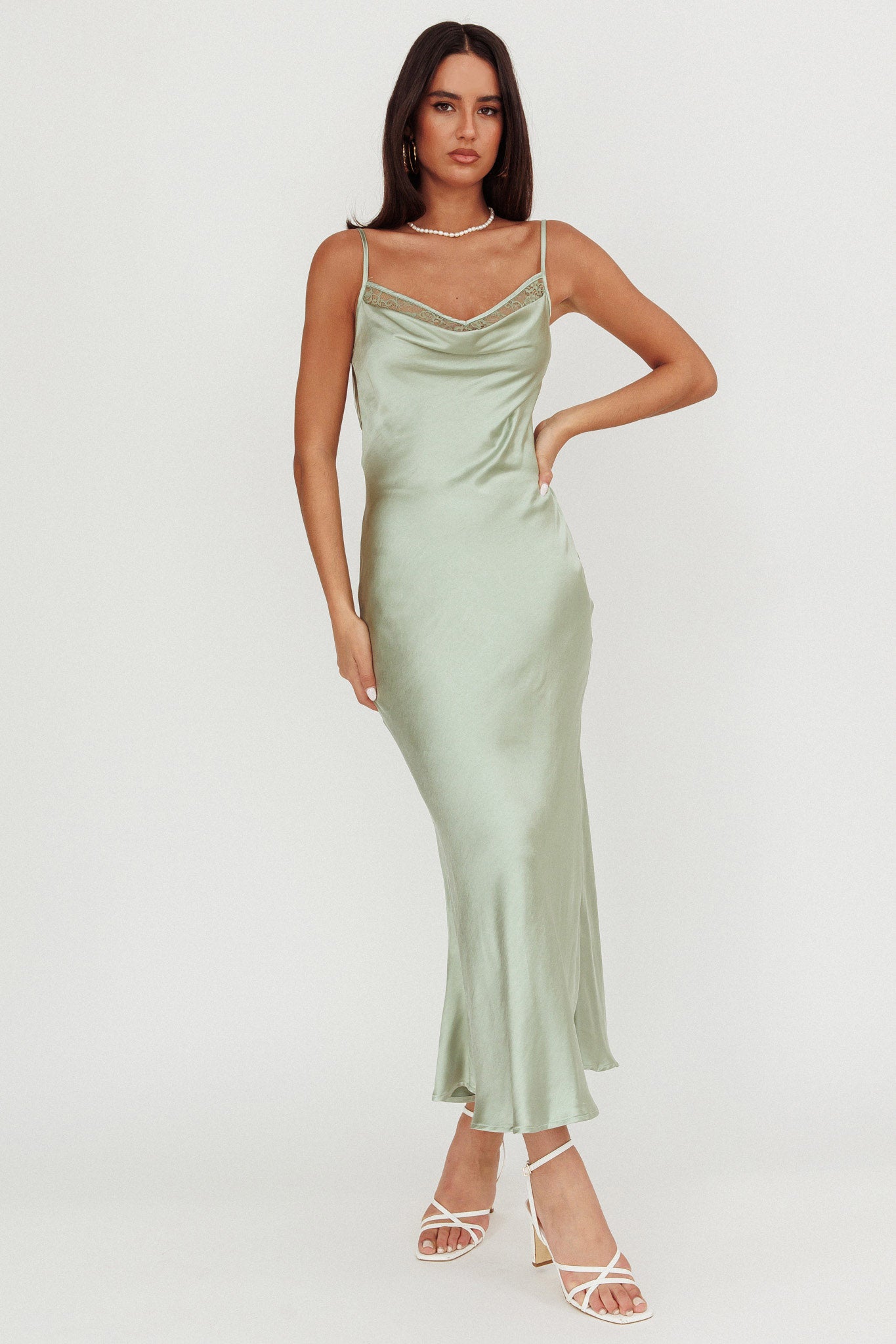 Gentle Touch Cowl Neck Satin Maxi Dress Sage