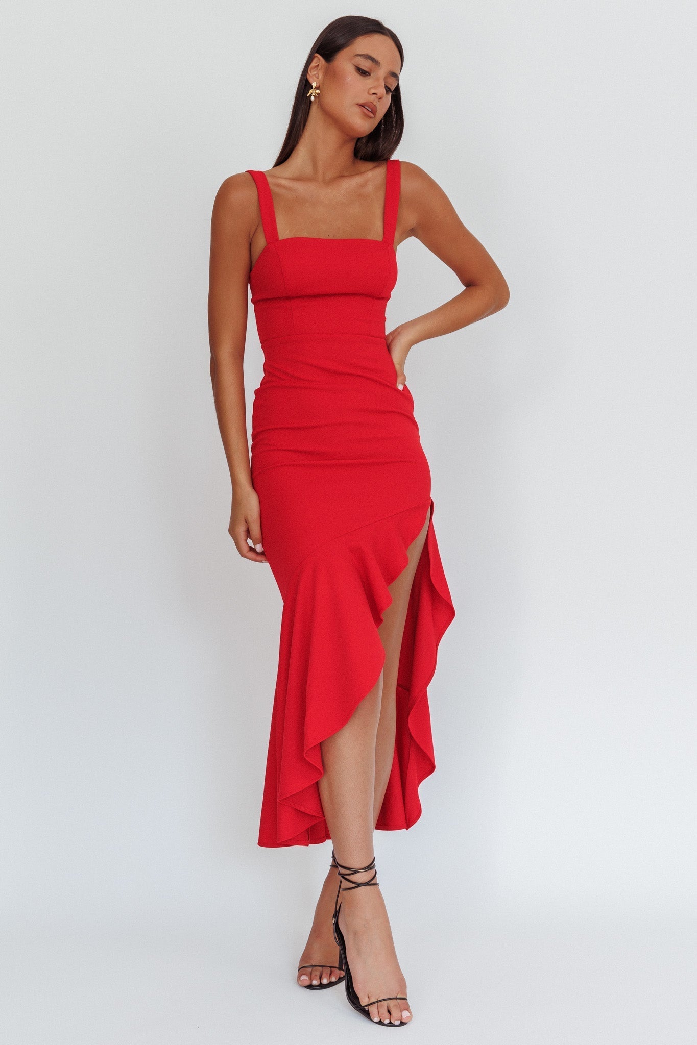 Delighted Asymmetric Hem Maxi Dress Red