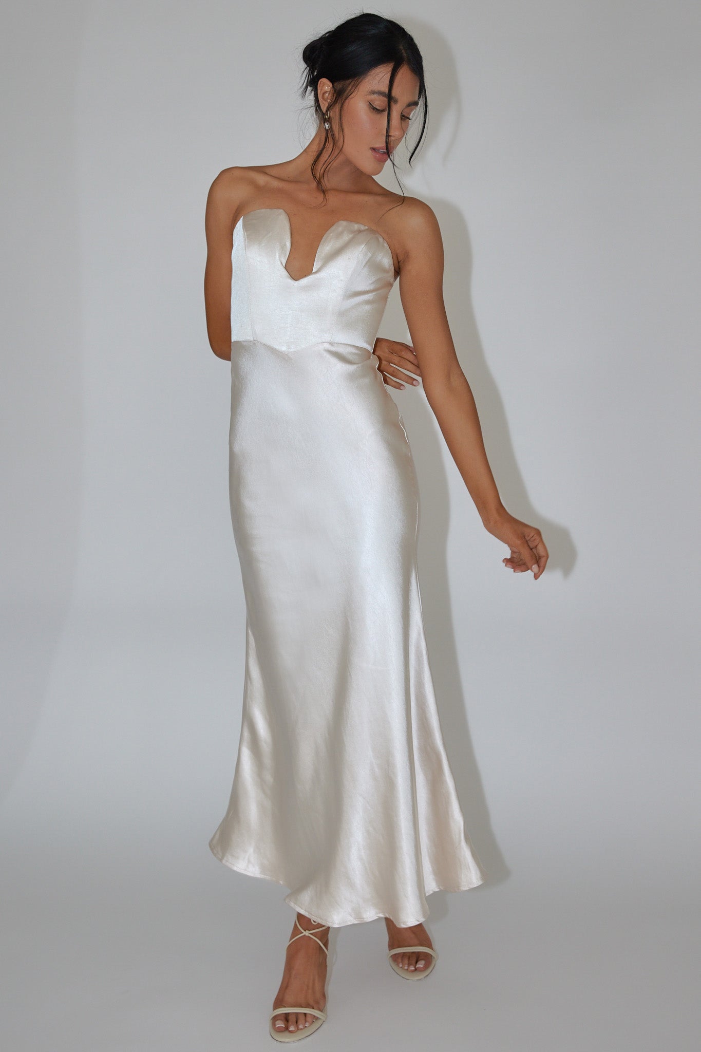 Encore Strapless Satin Maxi Dress Champagne
