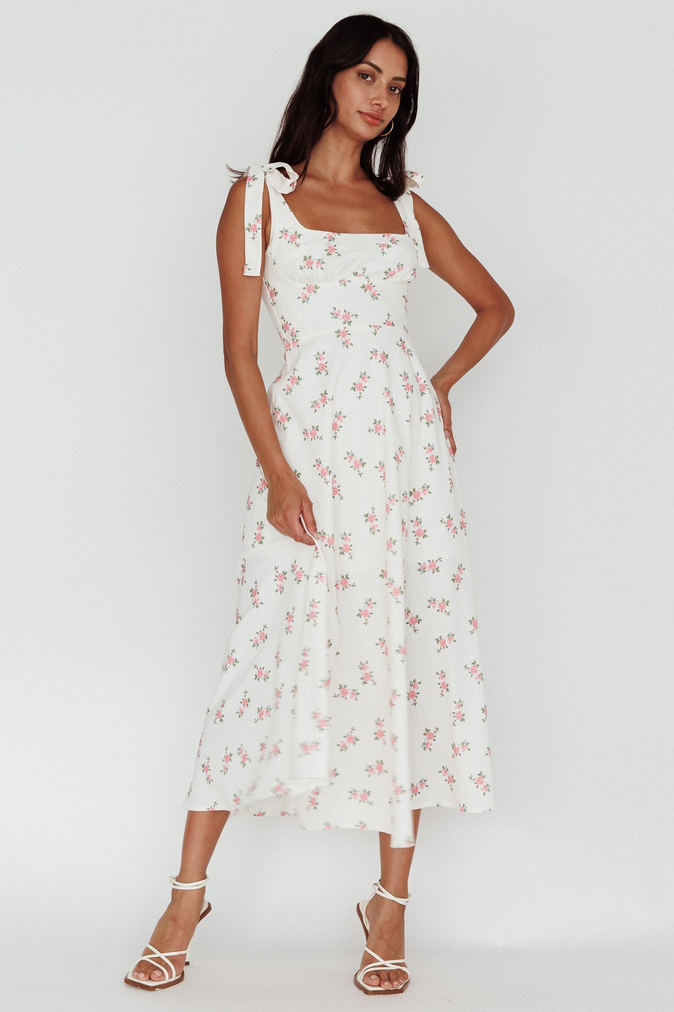 Mathilda Tied Shoulder Midi Dress Pink Floral