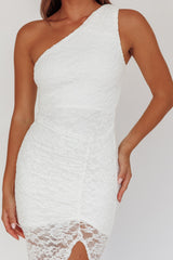 Lingering Love One-Shoulder Split Midi Dress Lace White