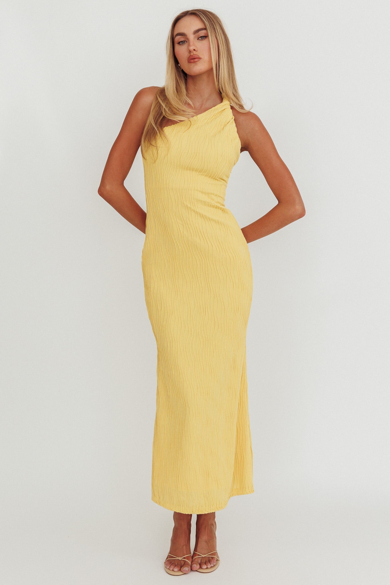 Lingering Love One-Shoulder Twist Midi Dress Lemon