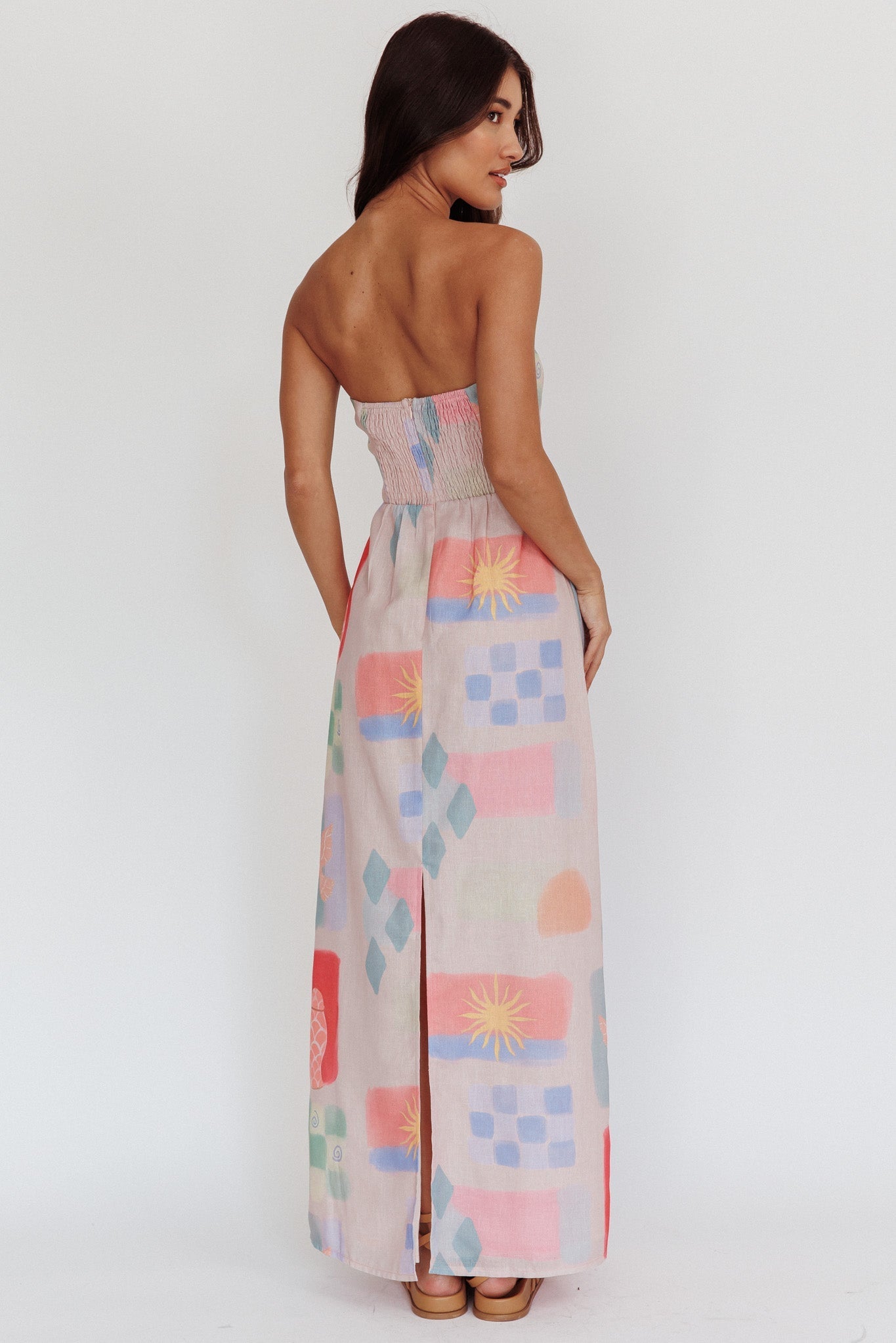 Eastern Sun Strapless Abstract Print Maxi Dress Multi