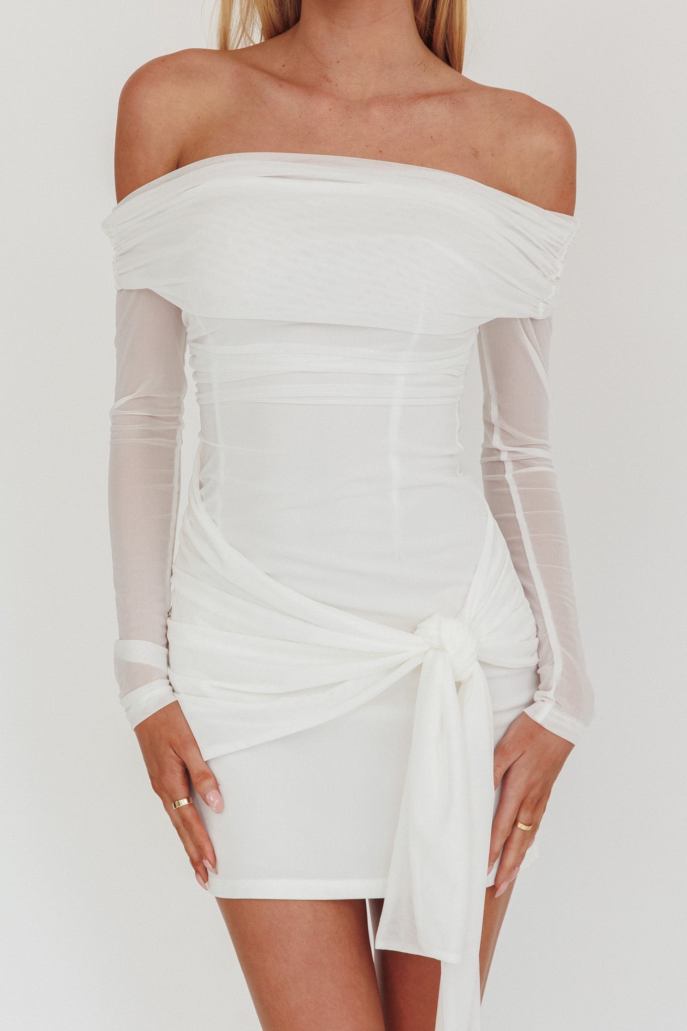 Dangerous Off Shoulder Waist Tie Mini Dress White