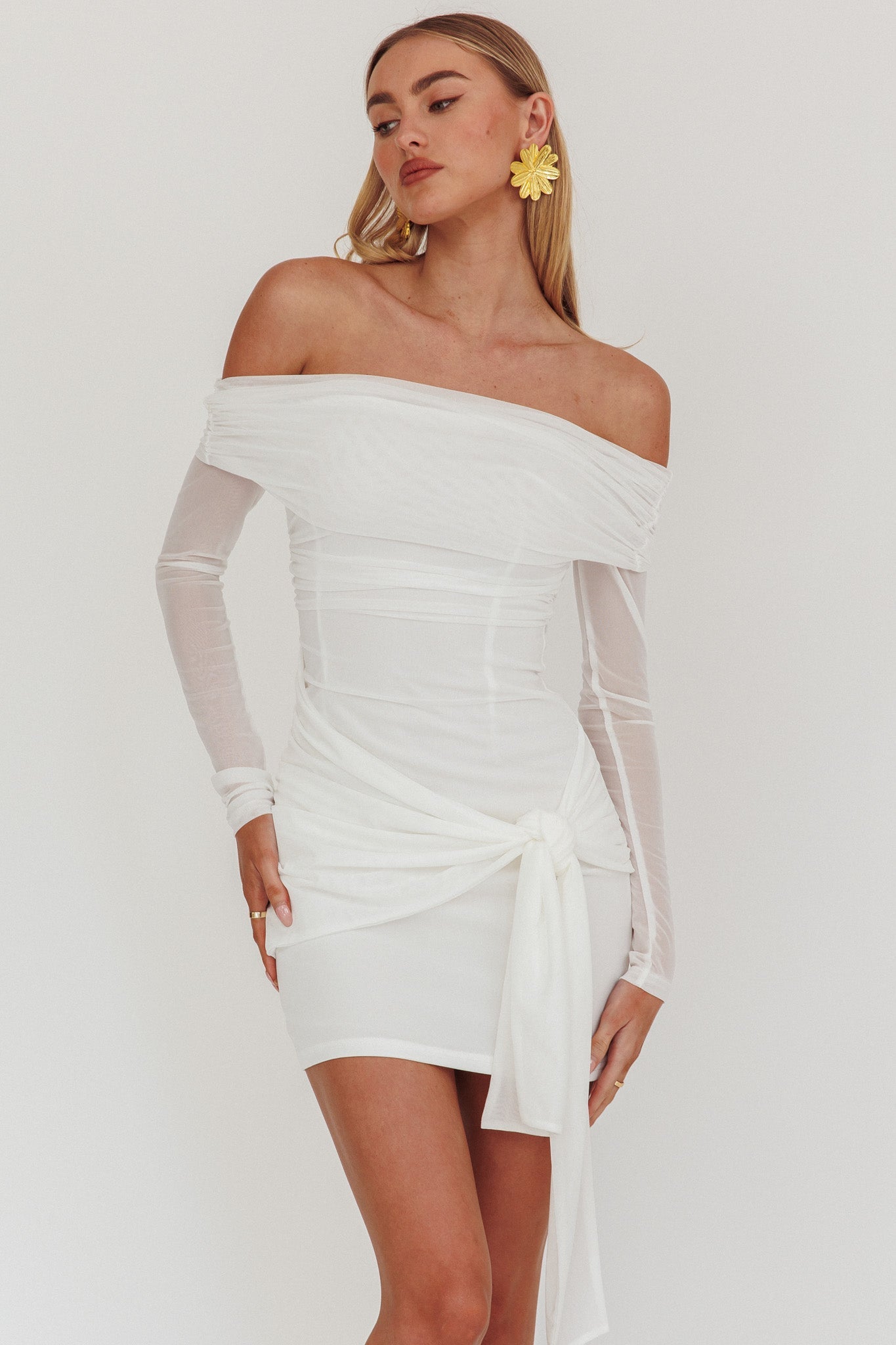 Dangerous Off Shoulder Waist Tie Mini Dress White