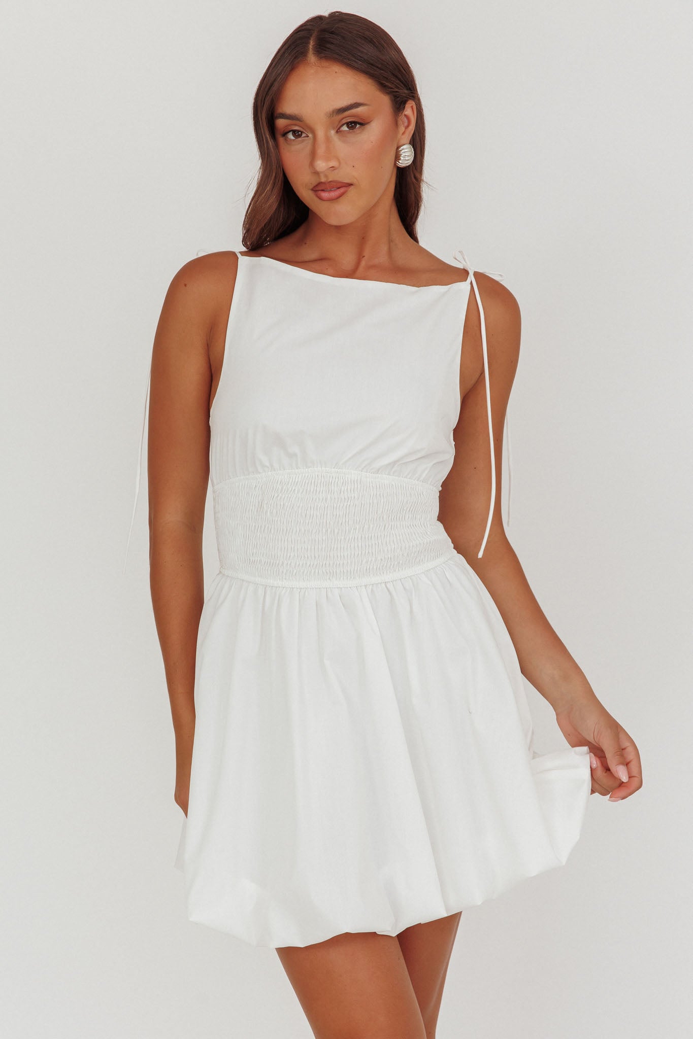 Like Art Tied Shoulder Bubble Mini Dress White