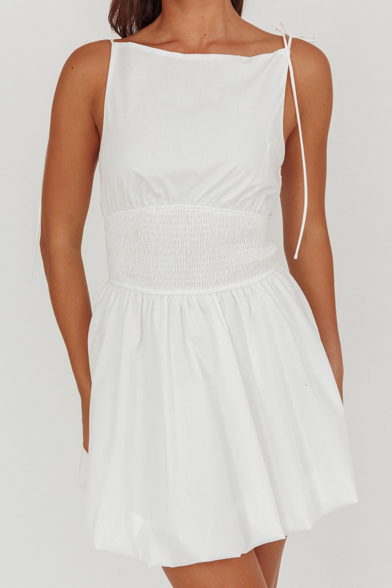Like Art Tied Shoulder Bubble Mini Dress White