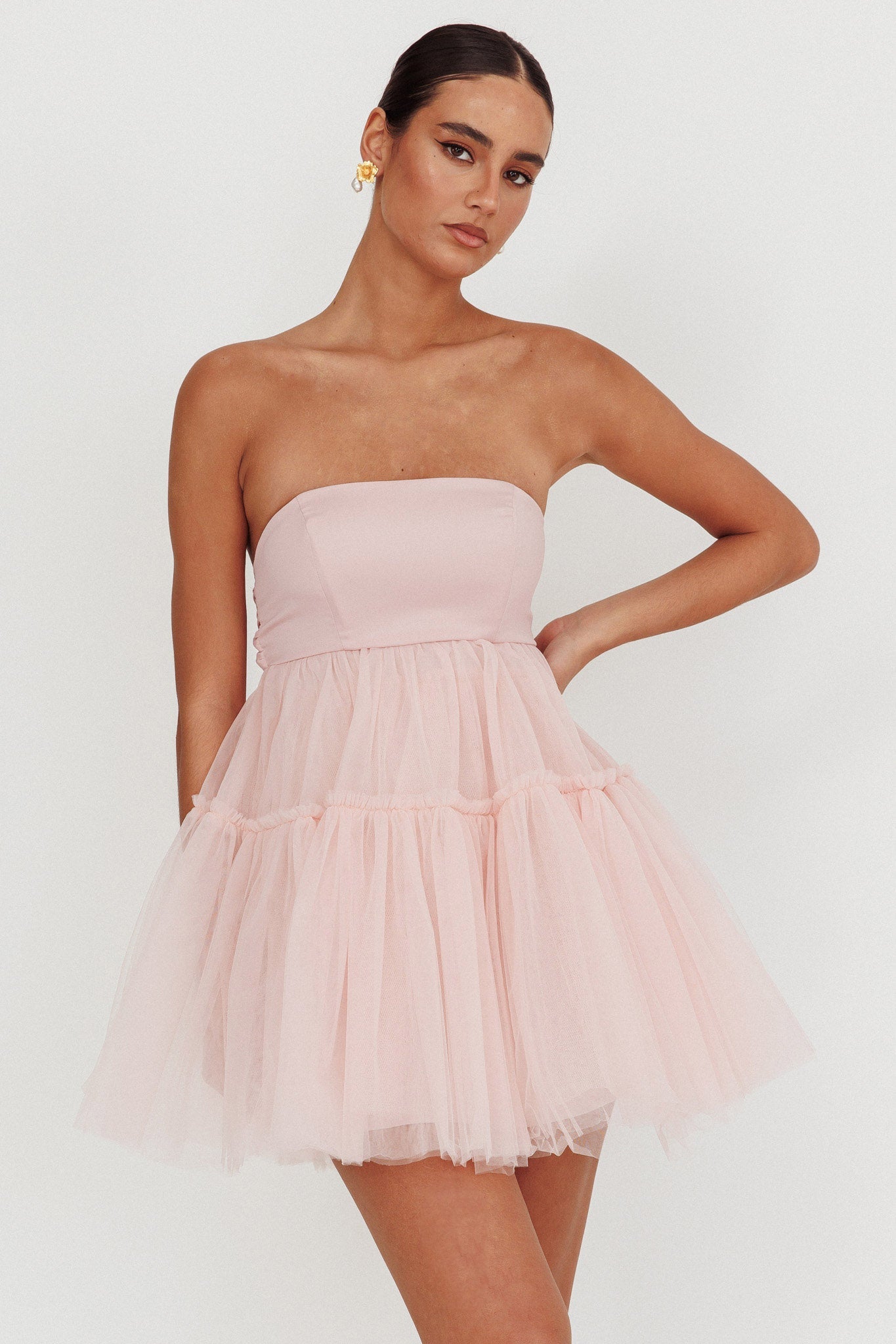 Dreamscape Strapless Tulle Mini Dress Blush