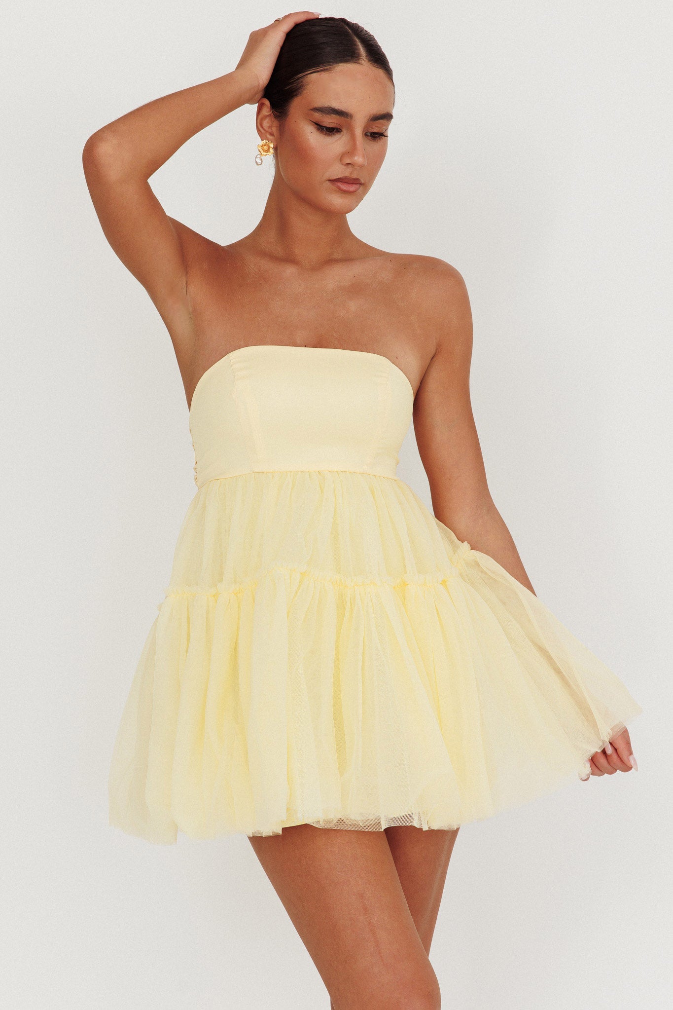 Dreamscape Strapless Tulle Mini Dress Lemon