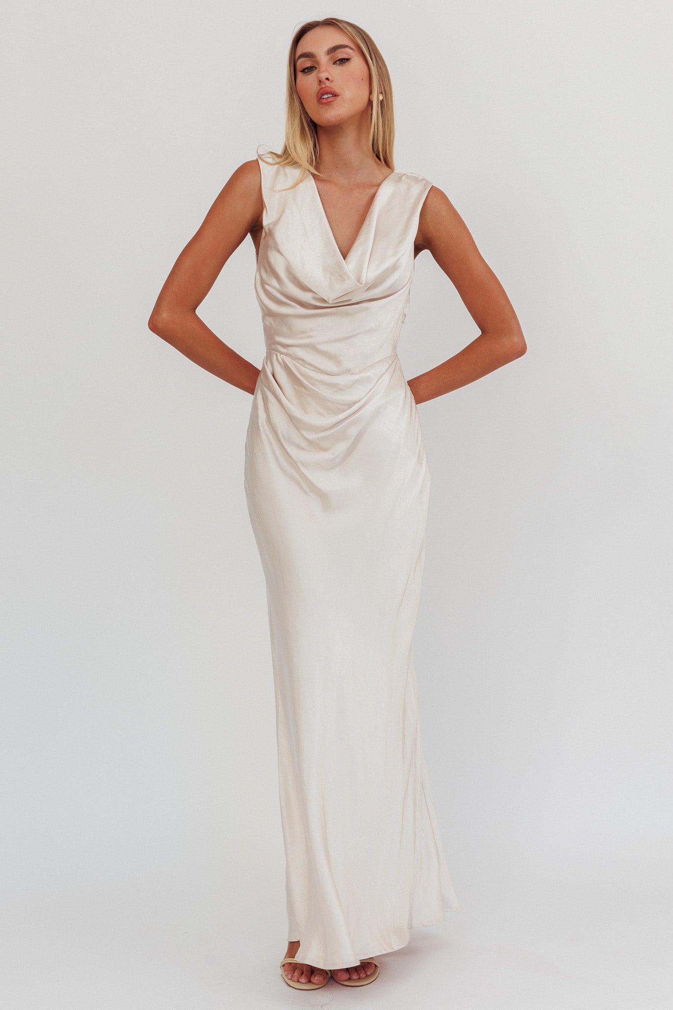 Chills Cowl Neck Satin Maxi Dress Champagne