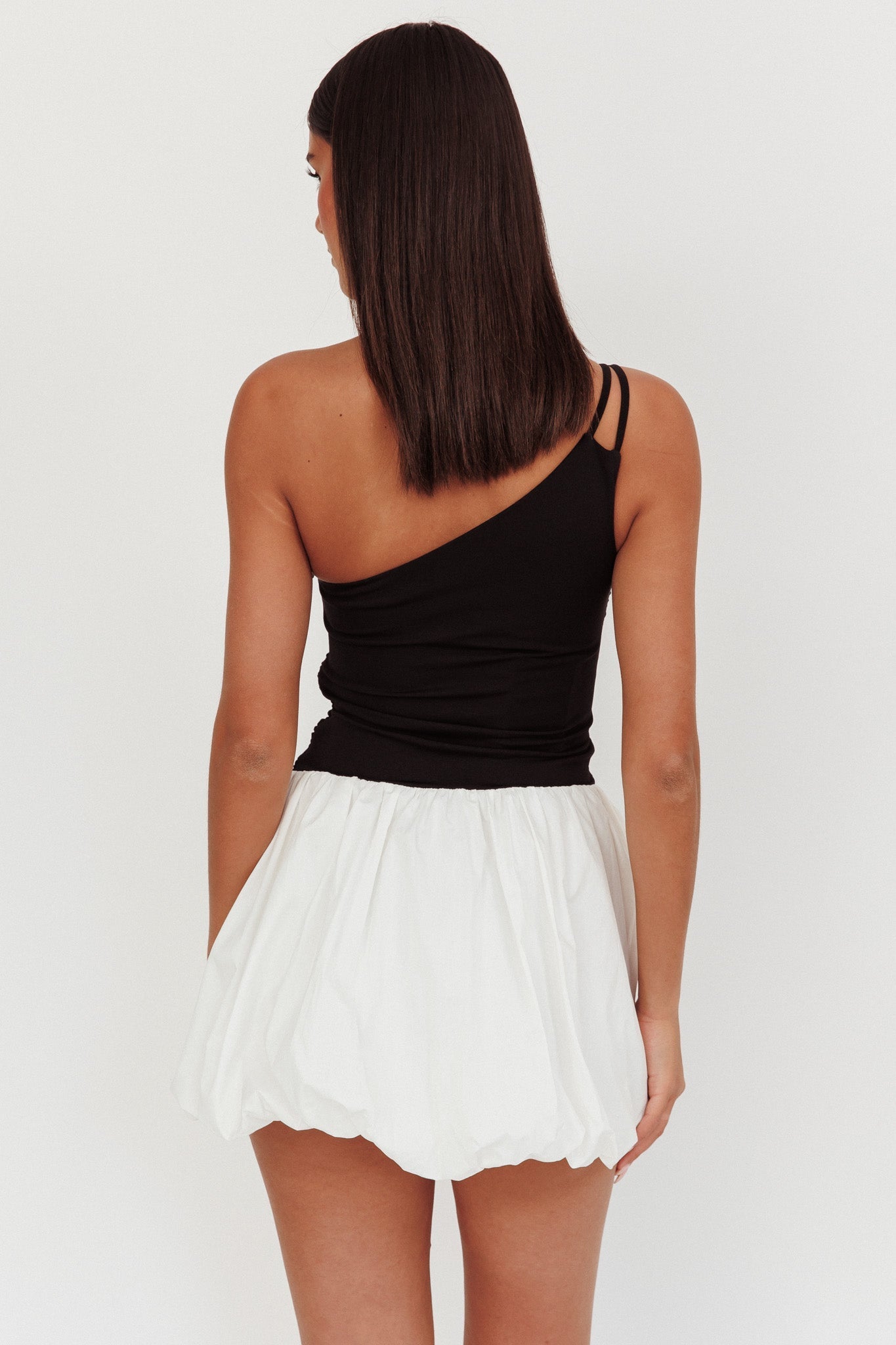 Corinthia One-Shoulder Bubble Mini Dress Black/White