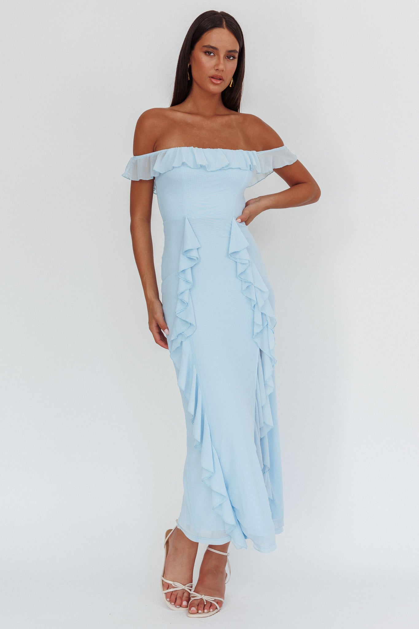 Flamenco Off-Shoulder Ruffle Maxi Dress Blue