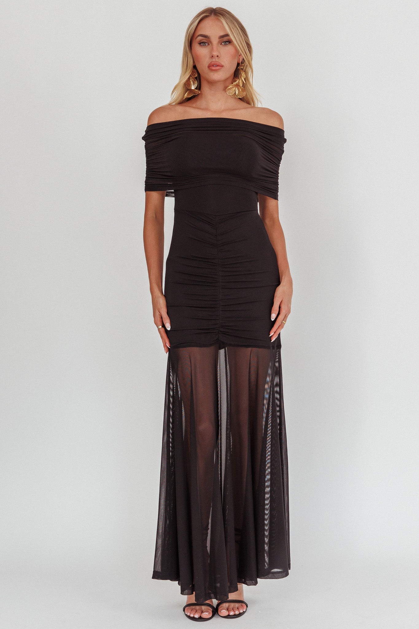 Clarita Sheer Ruched Maxi Dress Black