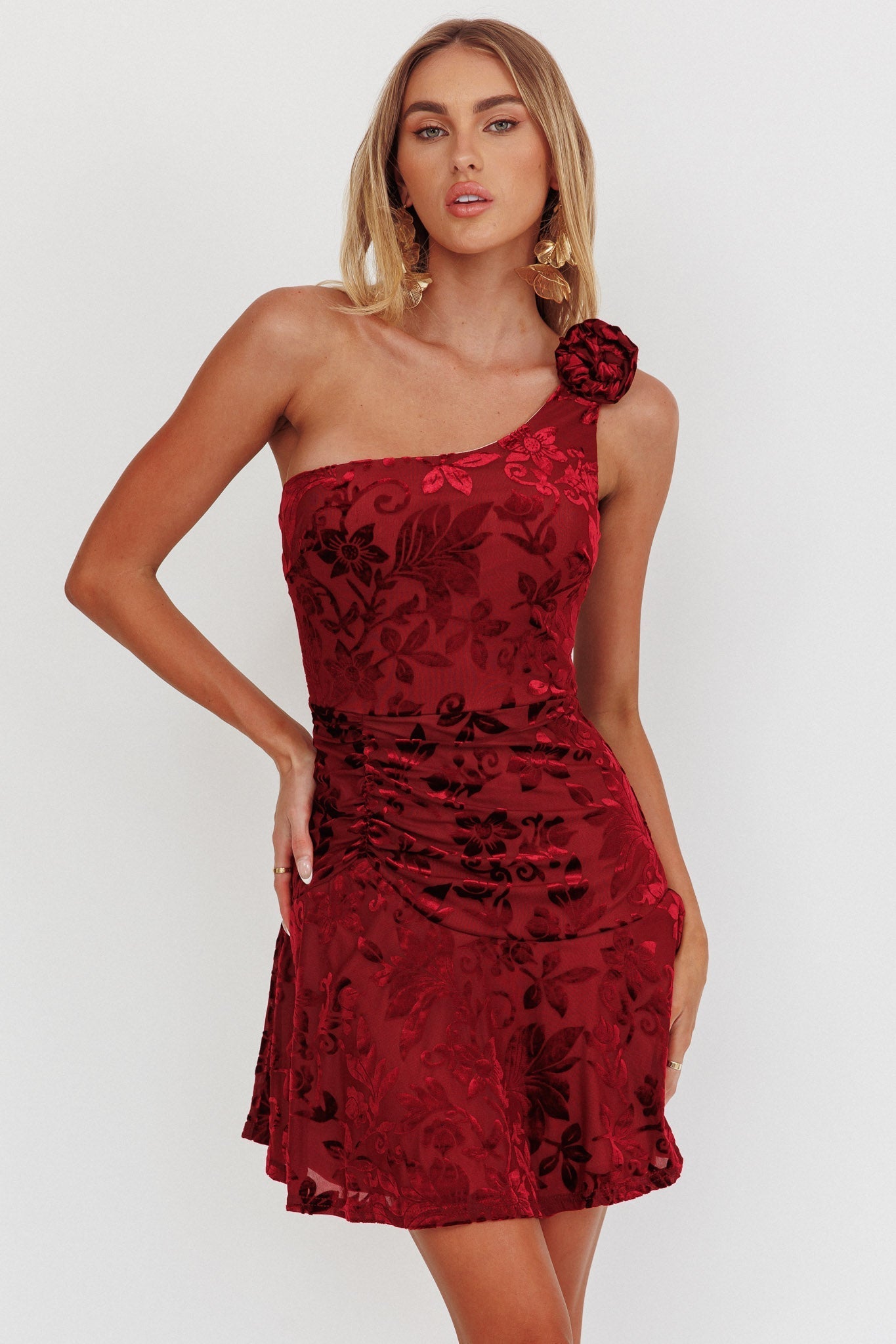 Midnight Aura One Shoulder Mini Dress Wine