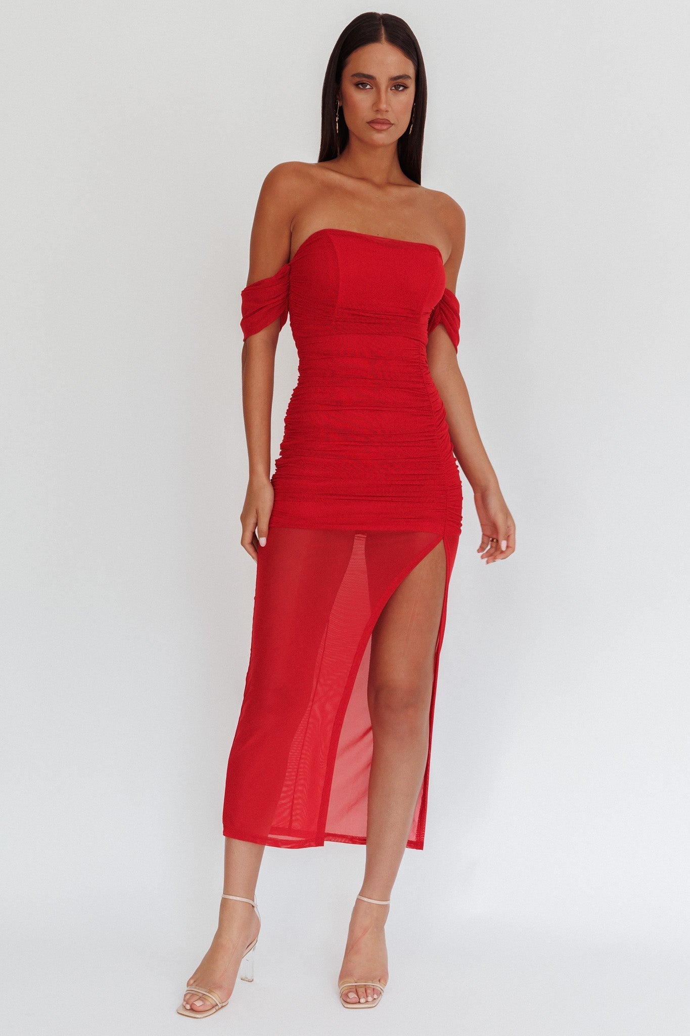 Melonie Off-Shoulder Mesh Maxi Dress Red