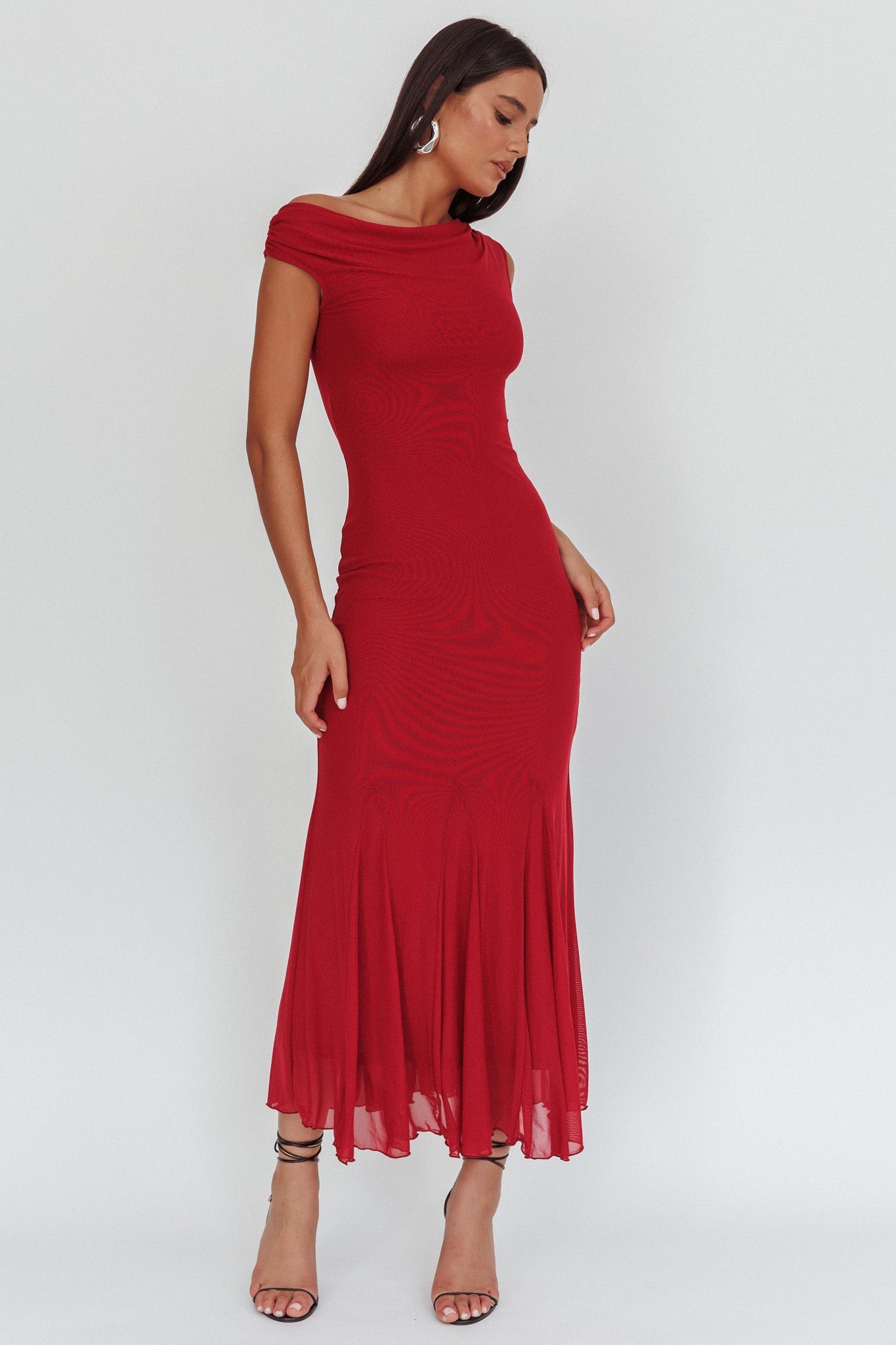 Diana Asymmetric Shoulder Godet Maxi Dress Wine
