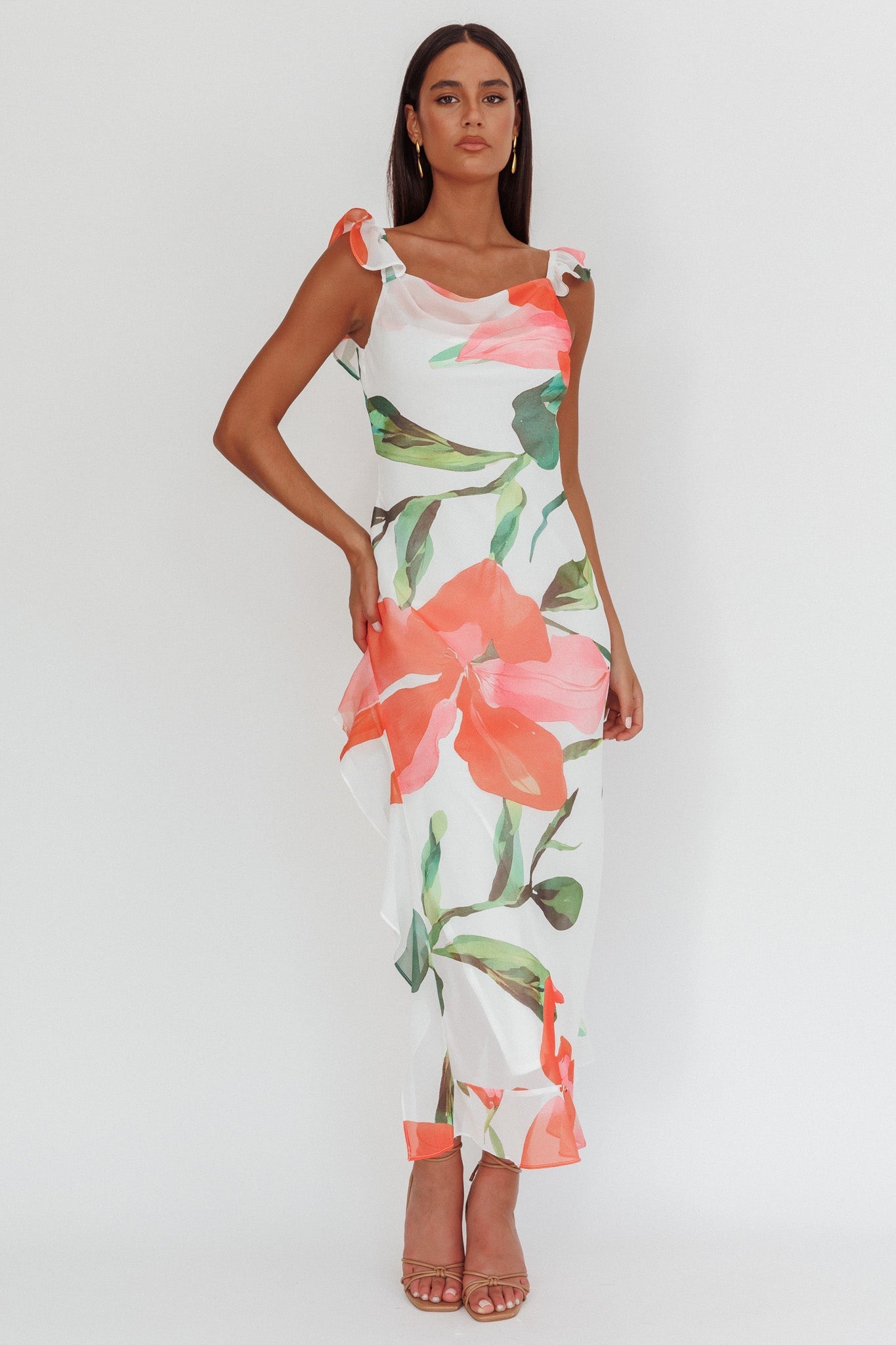 Loula Ruffle Strap Maxi Dress Floral Red