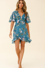 June Angel Sleeve Ruffle Detail Dress Floral Print Teal