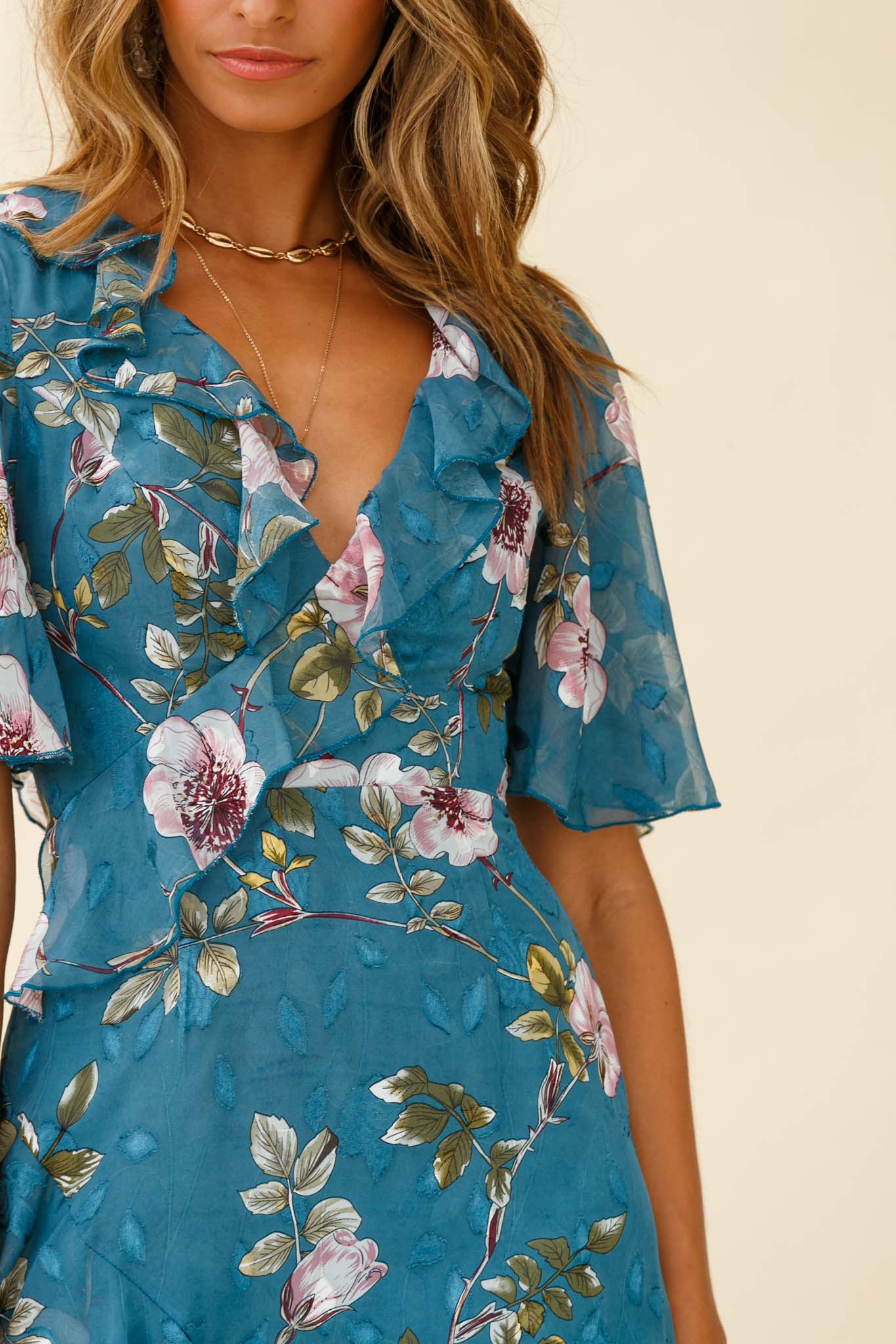 June Angel Sleeve Ruffle Detail Dress Floral Print Teal