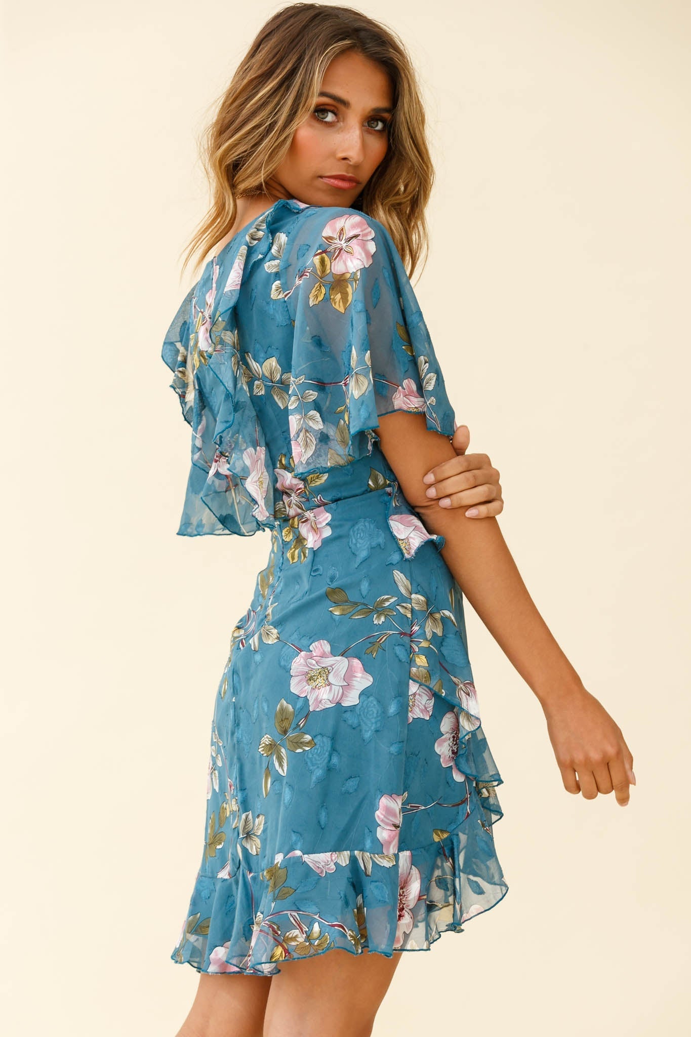 June Angel Sleeve Ruffle Detail Dress Floral Print Teal