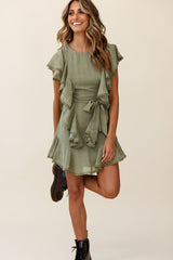 Deandra Ruffle Insert Waist Tie Dress Dash Pattern Olive